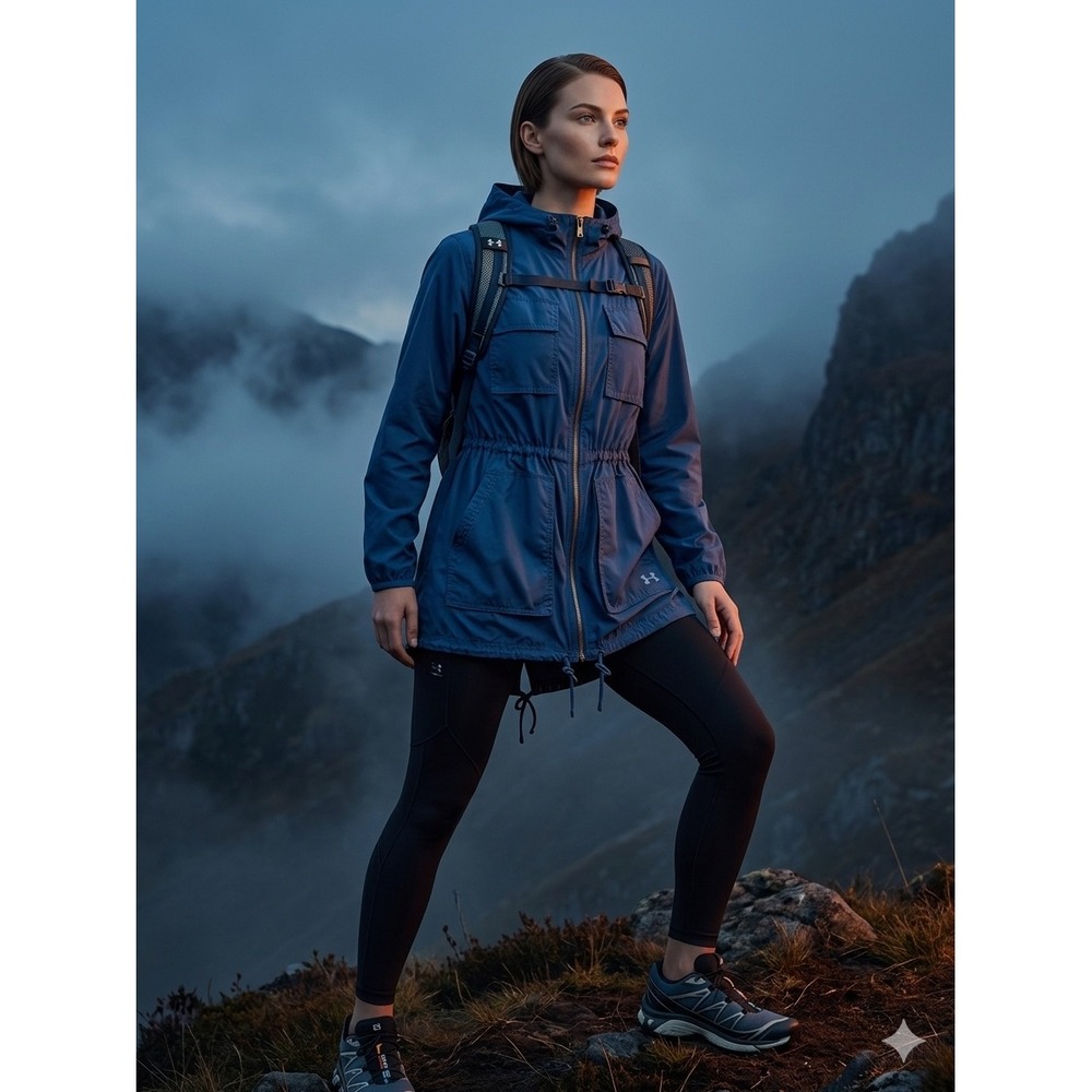 Under Armour Hooded Windbreaker Parka Large Blue Gorpcore Utility Jacket Womens